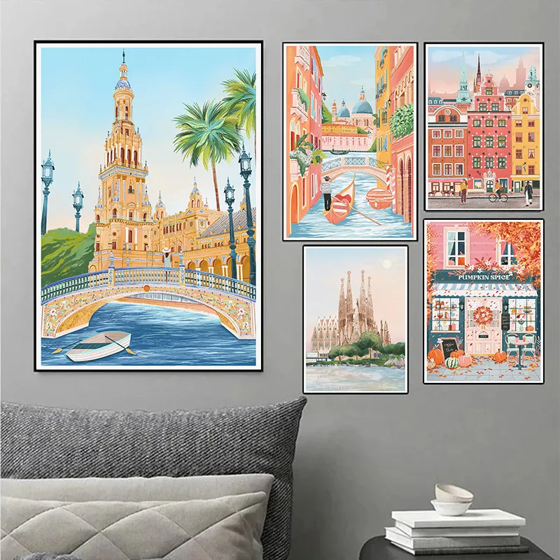 Romantic City Illustration Photography Watercolor Street Landscape Posters Home   home decor wall art poster