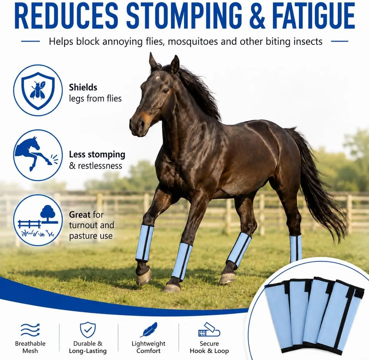 Fly Boots for Horses Set of 4 Breathable Mesh Equine Leg Protection Anti-Sag Stay-On Horse Fly Boots & Fatigue UV-Block