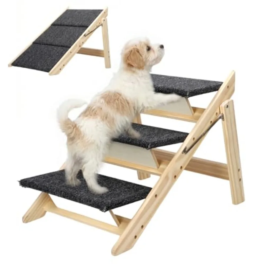 Rampa Dobrável 2 em 1 de Madeira para Cães para Camas Altas e Carros, Escadas Antiderrapantes para Animais de Estimação com Carpete Marrom e Alta Capacidade de Peso
