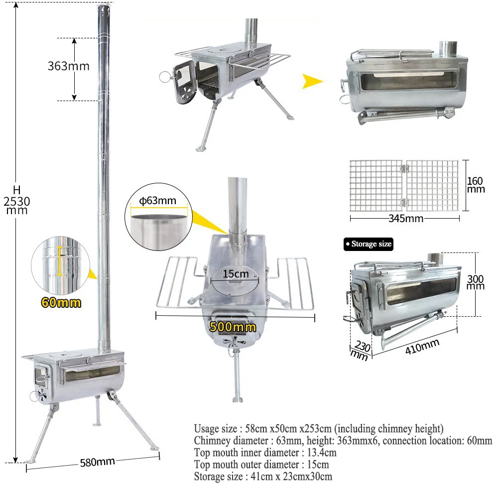 Outdoors Camping Wood Stove Stainless Steel Firewood Stove Camp Cooking Supplies Furnace