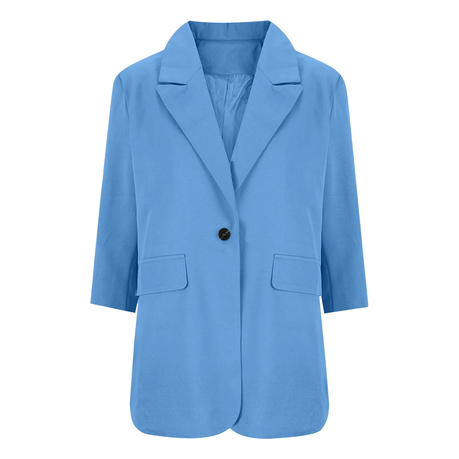 Solid Color Women's Professional Suit Jacket with Long Sleeves Button Detailing and Seven Quarter Sleeve Cut for Year-Round Use