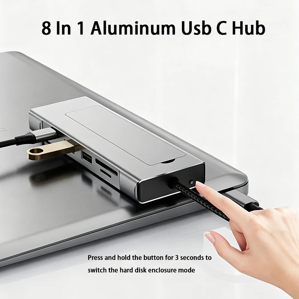 8 In 1 Aluminum Usb C Hub M.2 Ssd Case 4K Hdmi-compatible Pd100W Usb3.2 Sd Tf Reader Multiport Dock For Macbook Laptop Tablet