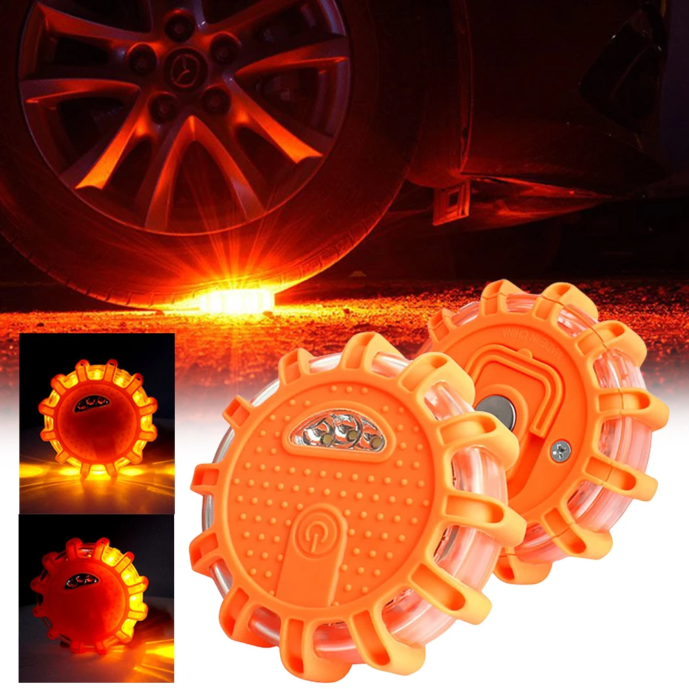 2Pcs USB Rechargeable LED Road Flares Emergency Lights,Roadside Warning Car Safety Beacon Flashing Disc Flare with Magnetic Base