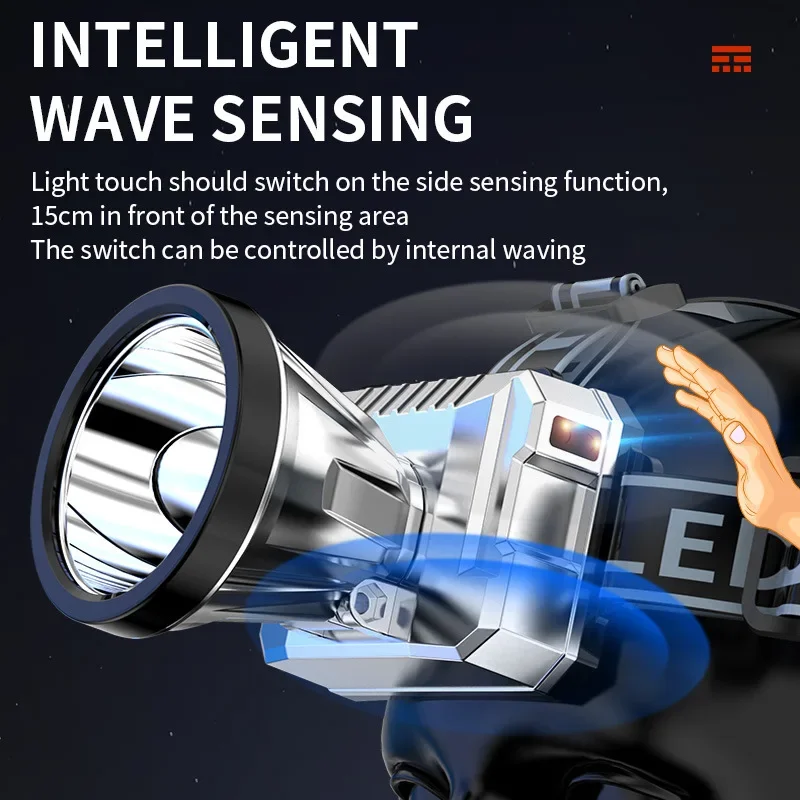 Smart Sensor LED Headlamp High Power Camping Head Torch Rechargeable Super Bright Flashlight Outdoor Emergency Work Headlight