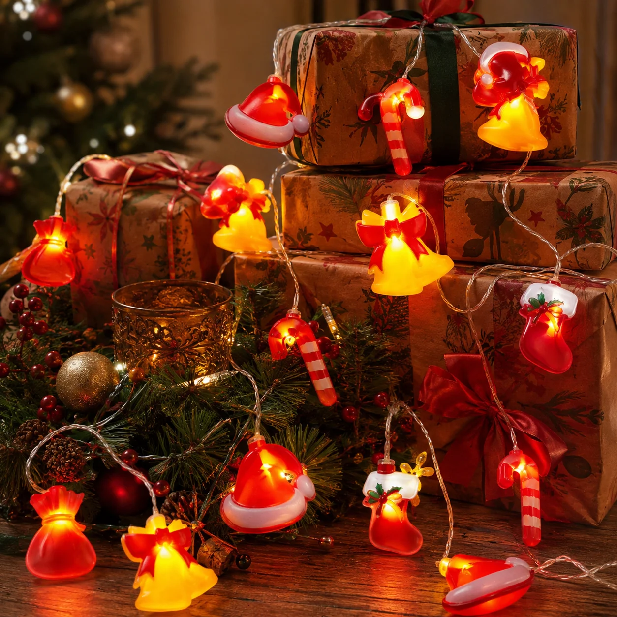 1pc LED Christmas Candy Cane&Hat&Socks&Wallet&Bell String Light Battery Powered Hanging Fairy Lamp For Home Yard Xmas Tree Decor