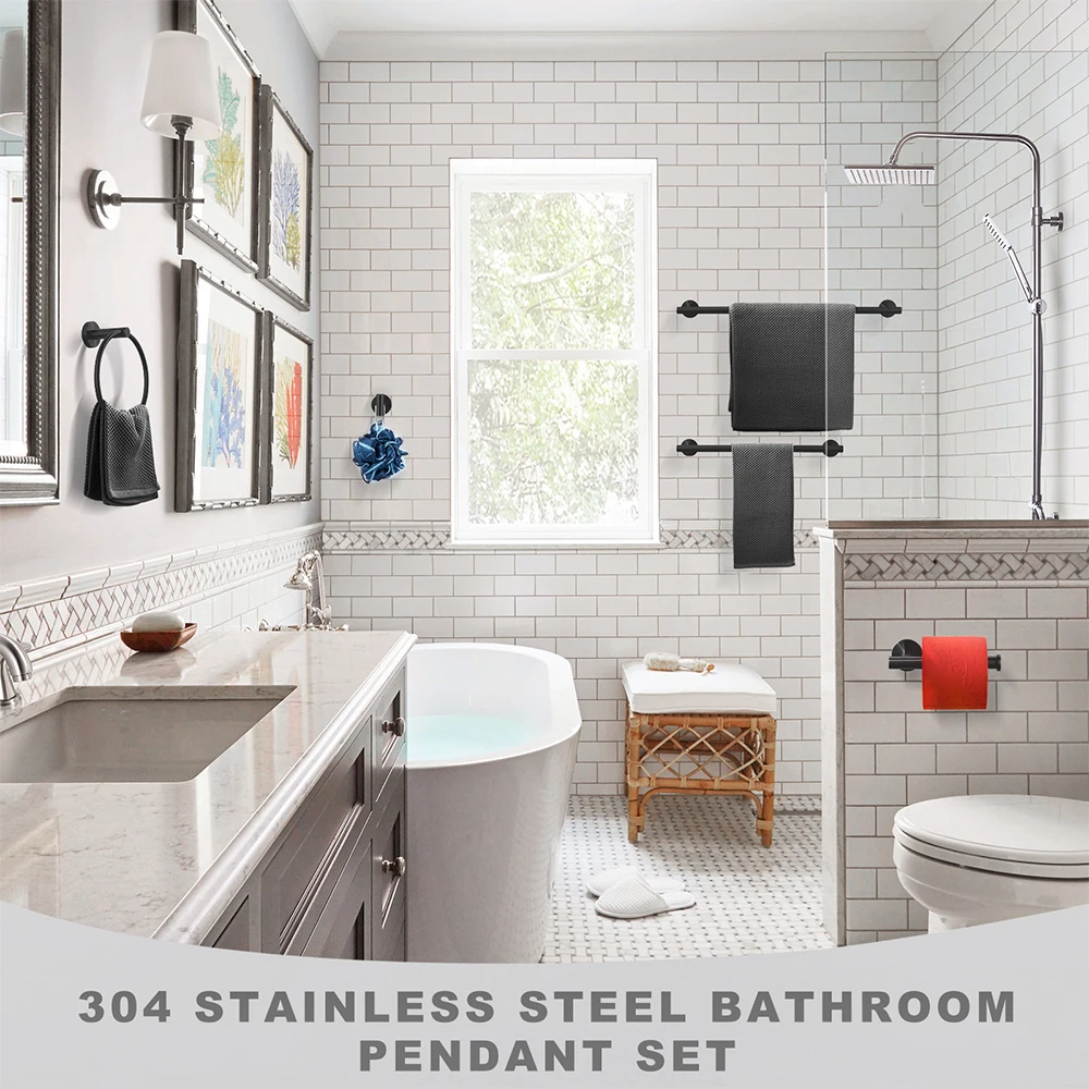 6 Pieces Bathroom Accessories Set Black 24 Inch Towel Bar, Towel Ring, Robe Hooks Wall Mounted Bathroom Hardware Set