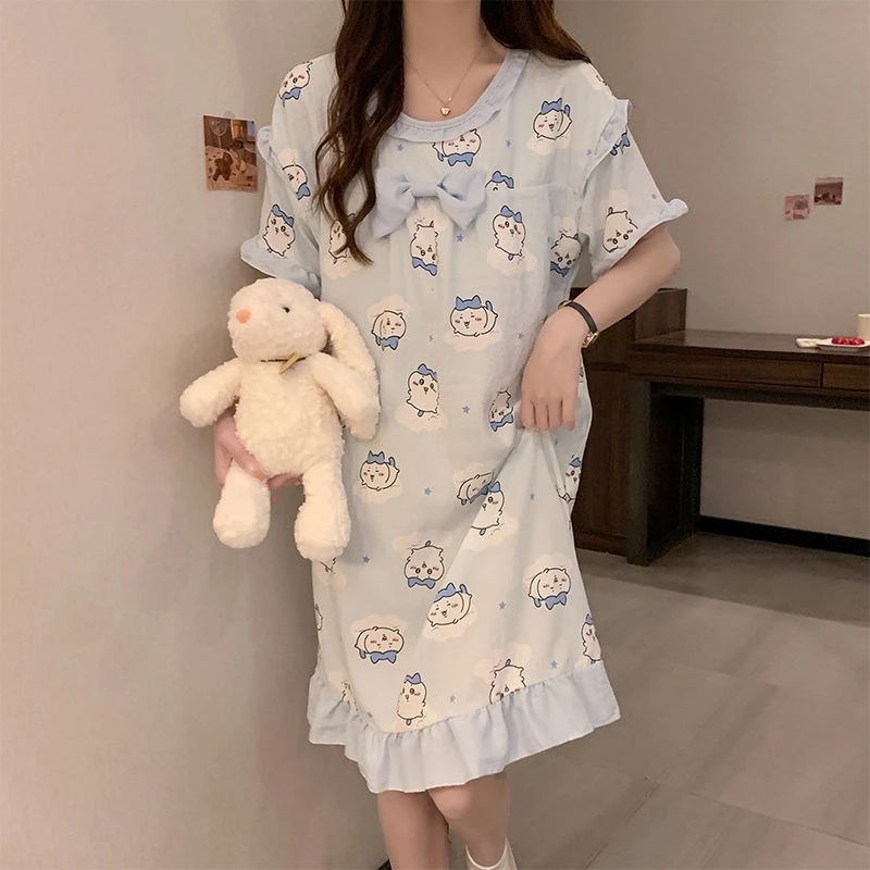 

2024 Chiikawas Pure Cotton Pajamas Cute Hachiwares Usagi Short-sleeved Nightgown Girl Loose Thin Style Home Wear with Chest Pads