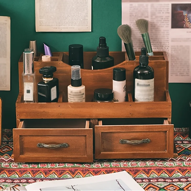

Винтажный деревянный органайзер для рабочего стола – несколько отделений для косметики и канцелярских принадлежностей, идеально подходит для домашнего декора