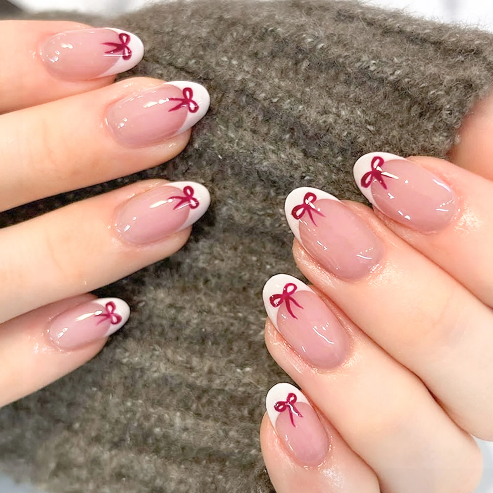 

24Pcs Short Oval French False Nails, Minimalist Press on Nails Red Bowknot Printed, Simple Nude Color Fake Nails for Women