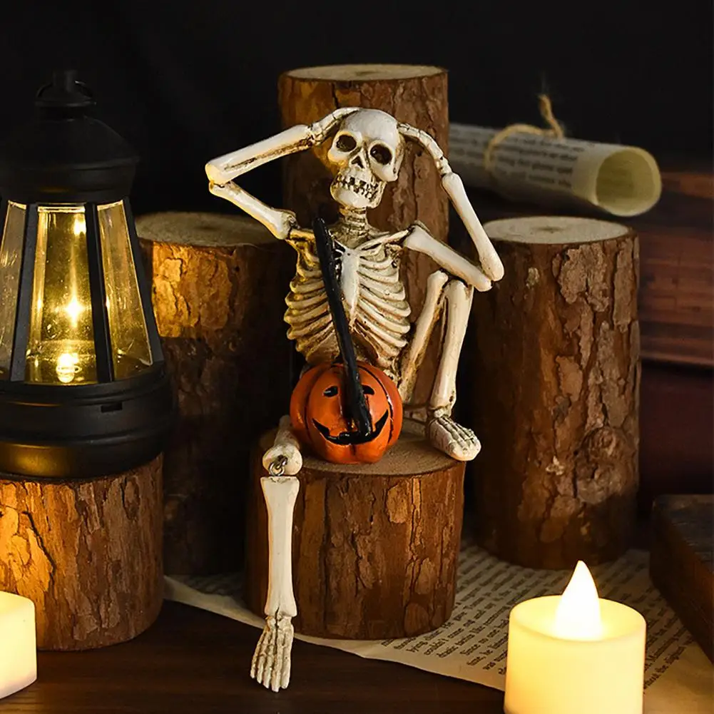 High Halloween Ornaments Halloween Skeleton Statue Set with Pumpkin Tombstone Resin Figurines for Home Decor See Speak Hear No