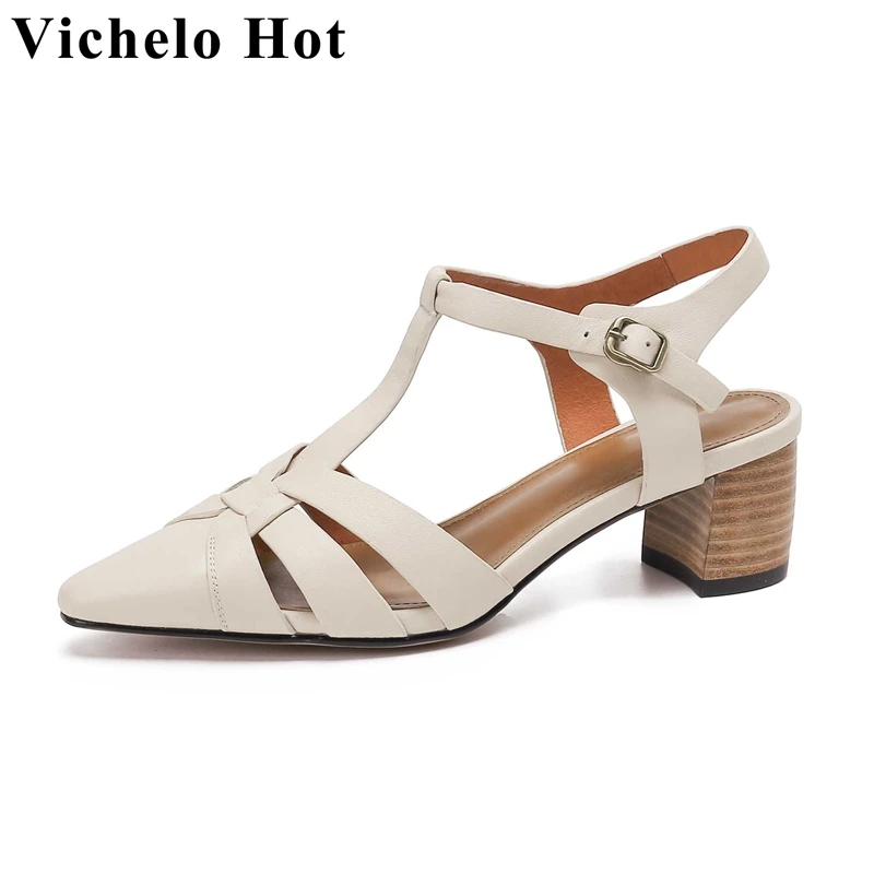 

Vichelo Hot New Full Grain Leather Pointed Toe High Heel Rome Retro Fashion Young Lady Streetwear Buckle Strap Women Sandals L98