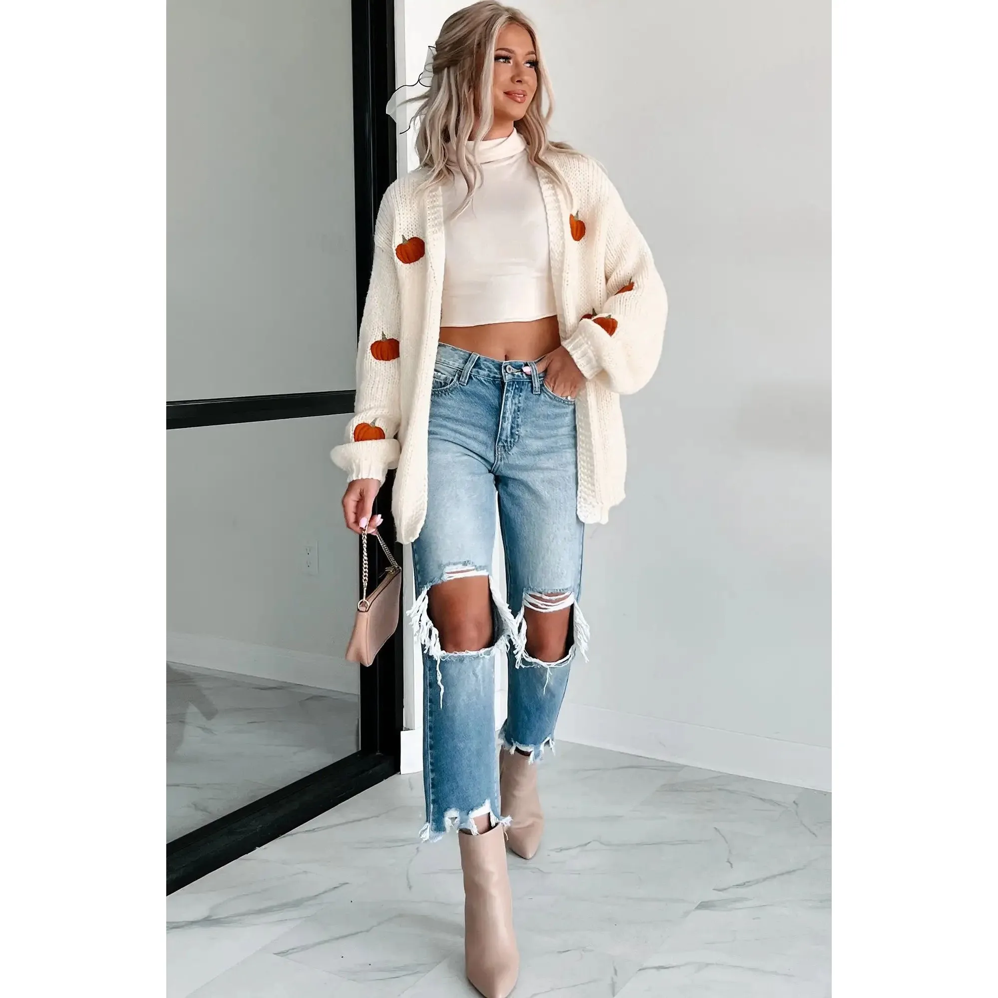 

Women's Open Front Knit Cardigan Pumpkin Embroidery Long Sve Spring 2025 Faion Ladies Sweater Other Material 00%