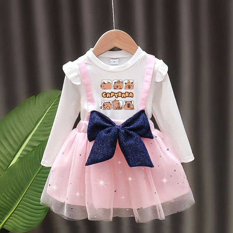 Цельные платья Capybara для девочек, детское платье на бретелях с длинными рукавами и принтом аниме, весенне-осенняя детская одежда с героями мультфильмов, подарок