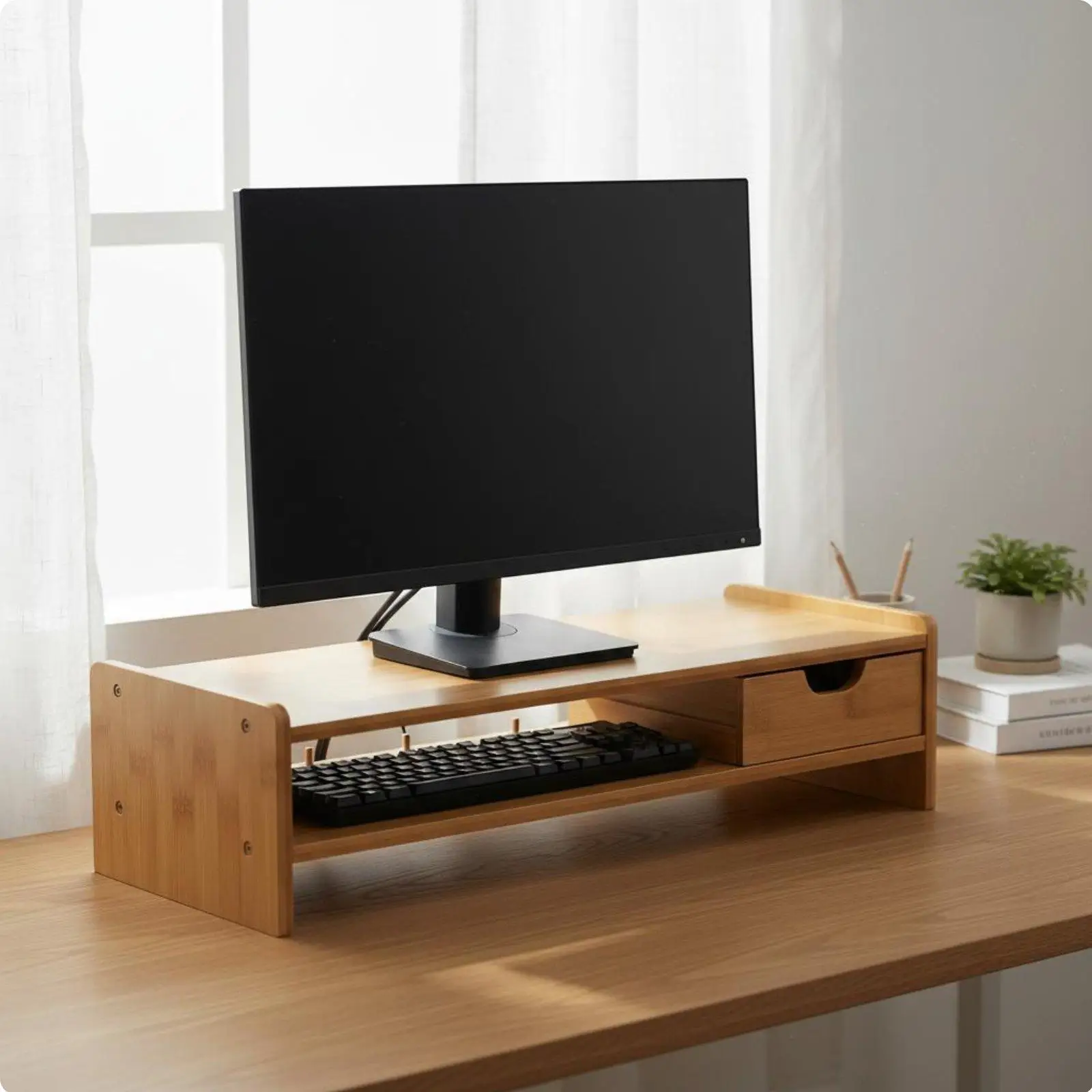 Bamboo Screen Riser Multi-Functional Bamboo Screen Stand with Drawer Space Saving Desktop Computer Shelf for Study Room