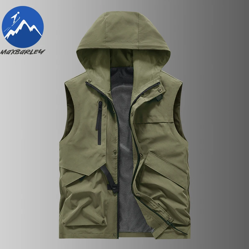 

Maxbarley New Men Vest Fashion Hood Outdoor Photography Windproof Gilet Casual Multi Pocket Lightweight Autumn Sleeveless Vests