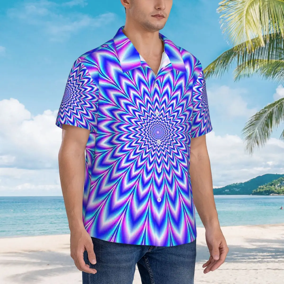

Psychedelic Pulse In Blue And Pink Hawaiian Shirts Funny Men Short Sleeve Shirt for Summer Beach Men's Lapel Tops