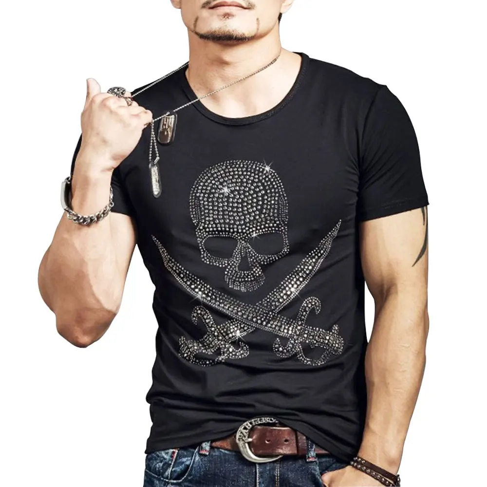 Men\'s Fitness T-shirt Top Male Camiseta Mujer Man Casual Basic T Shirts Print Style Hot Fix Rhinestone Punk Skull Hip Hop Black