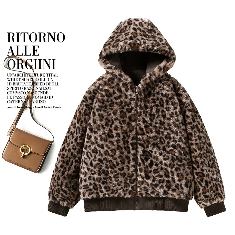 Women Double-sided Penetration Leopard Print Cotton Padded Jacket Winter Coat Parkas Velvet Warm Hooded Retro Female Outerwear
