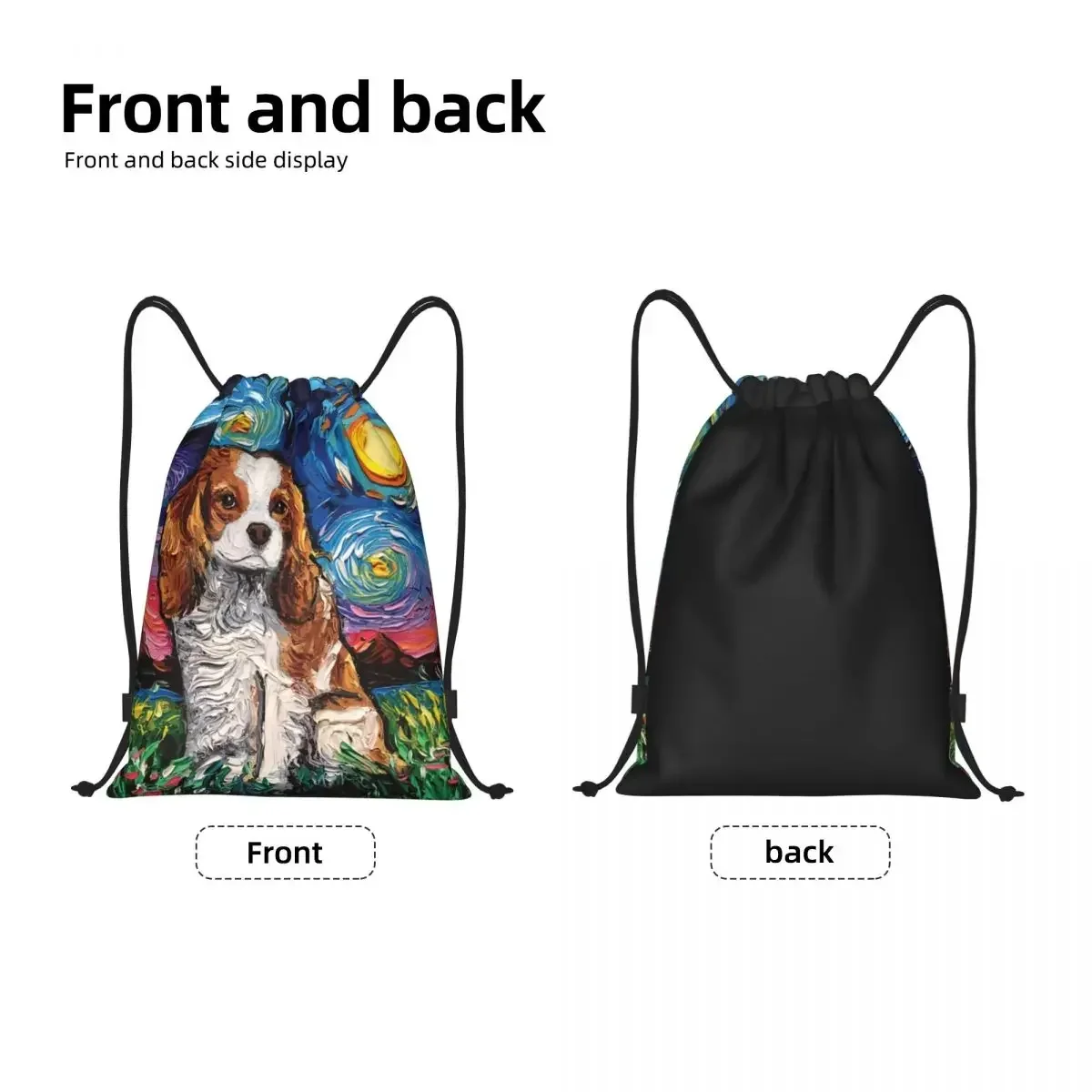 Cavalier King Charles Spaniel Pet Portraits Art Drawstring Backpack Women Men Sport Gym Sackpack Foldable Dog Training Bag Sack