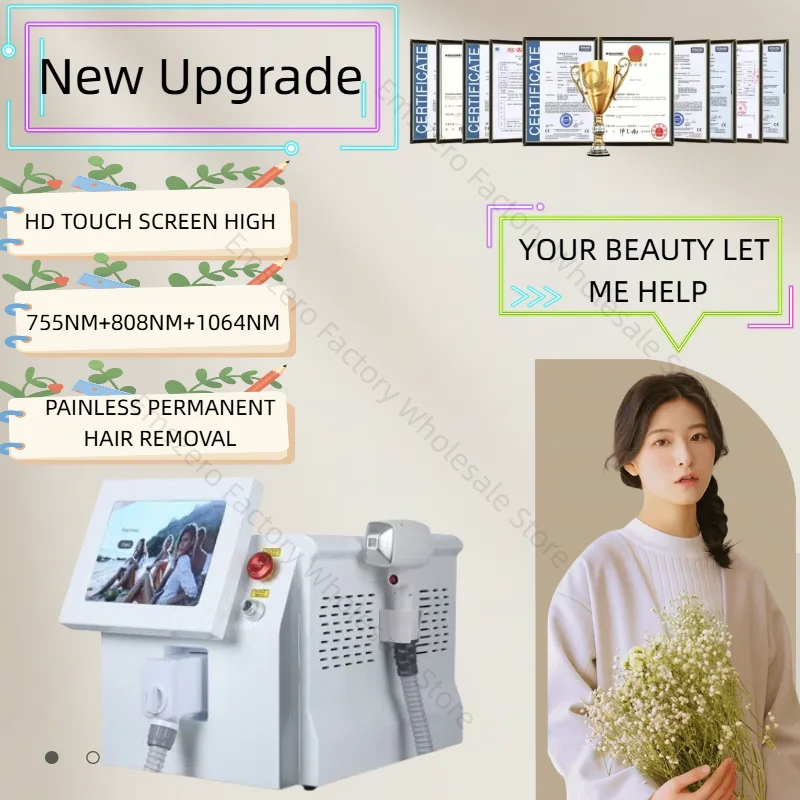 

Diode Laser Hair Removal Machine Depiladora Laser 808NM 755NM 1064NM Tender Skin Safe Painless Permanent Depilation High Power