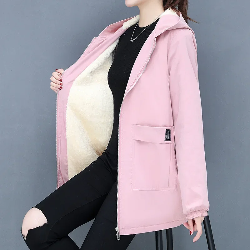 2023 New Autumn and Winter Korean Style Thick Warm Lamb Wool Cotton Coat Women's Mid-length Loose Hooded Top for Women Keep Warm