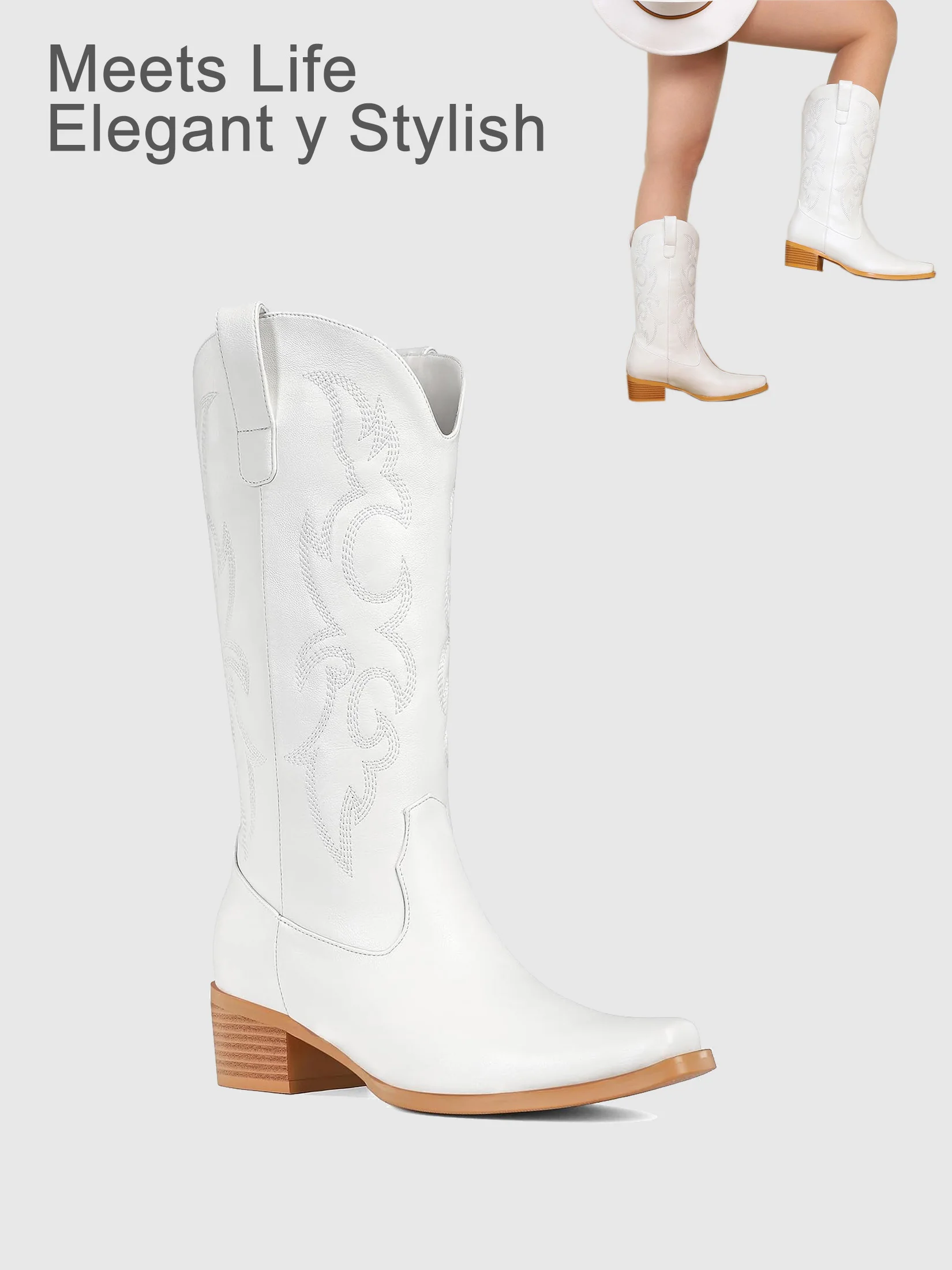 White Cowboy Boots for Women - Embroidered Cowgirl Boots Western Mid Calf Fashion Chunky Heel Pointed Toe Country Boots