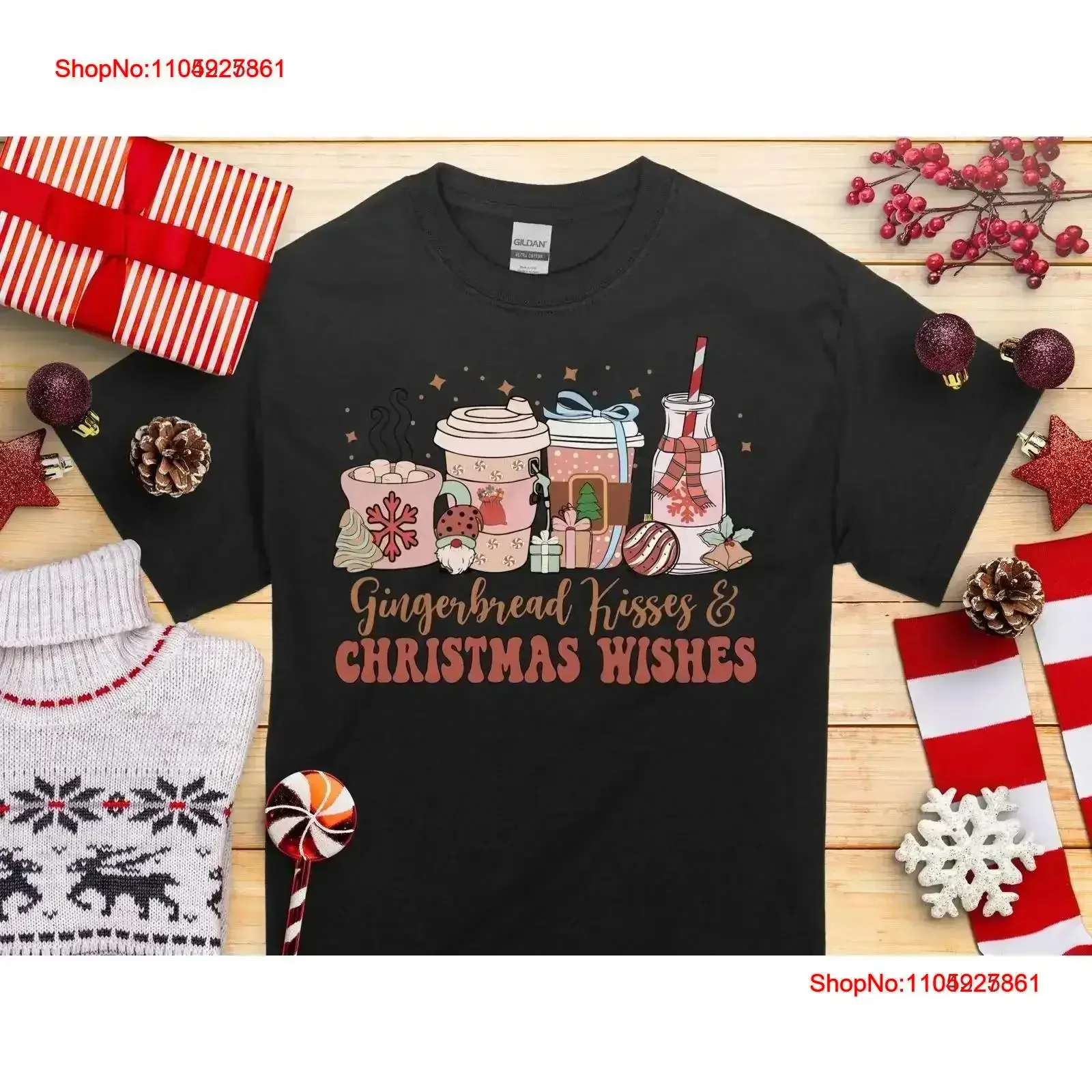 

Gingerbread Kisses Wishes Retro Vintage Print T Shirt Winter Wonderland Secret Santa Christmas Holiday Present Washed vintage