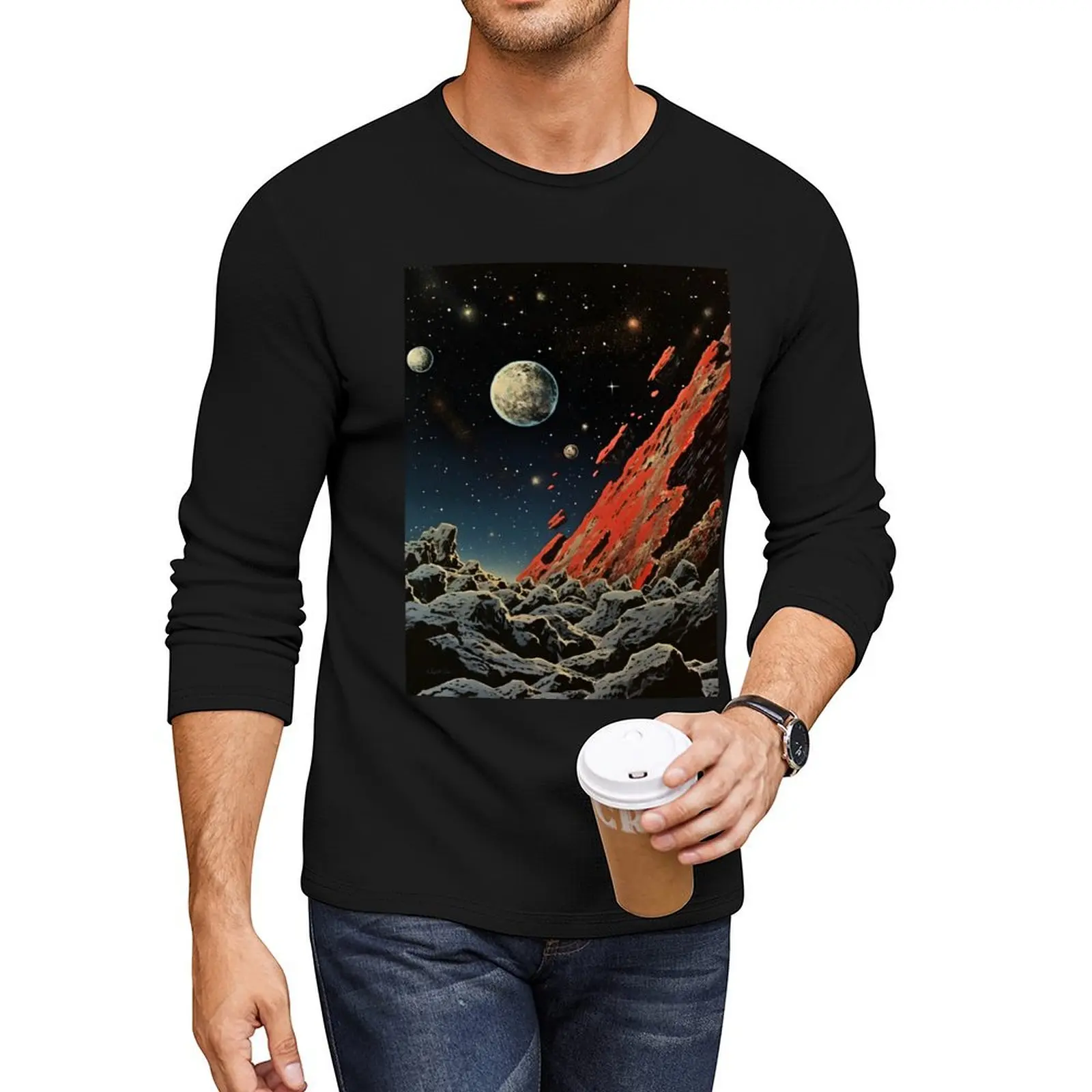 

Cosmic Landscape of Asteroid Surface, Planets and Shining Stars Long T-Shirt black t shirts Men's t-shirt