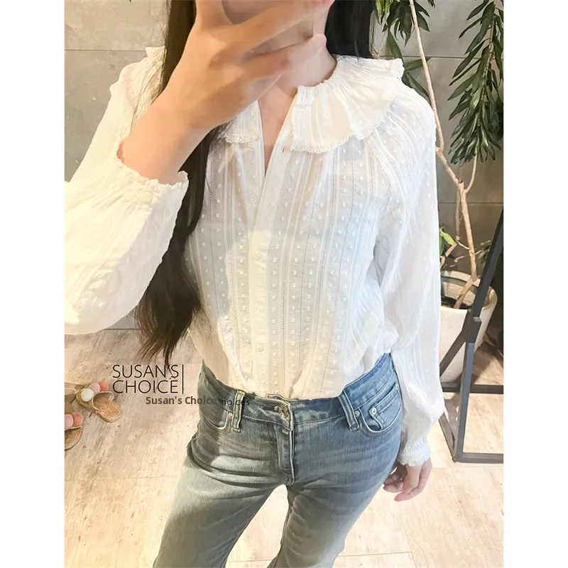 

Susan Early Spring Long Sleeve Collared Lace Trim White Shirt Versatile French Style Straight Cut Ladies Top Quality Fashion