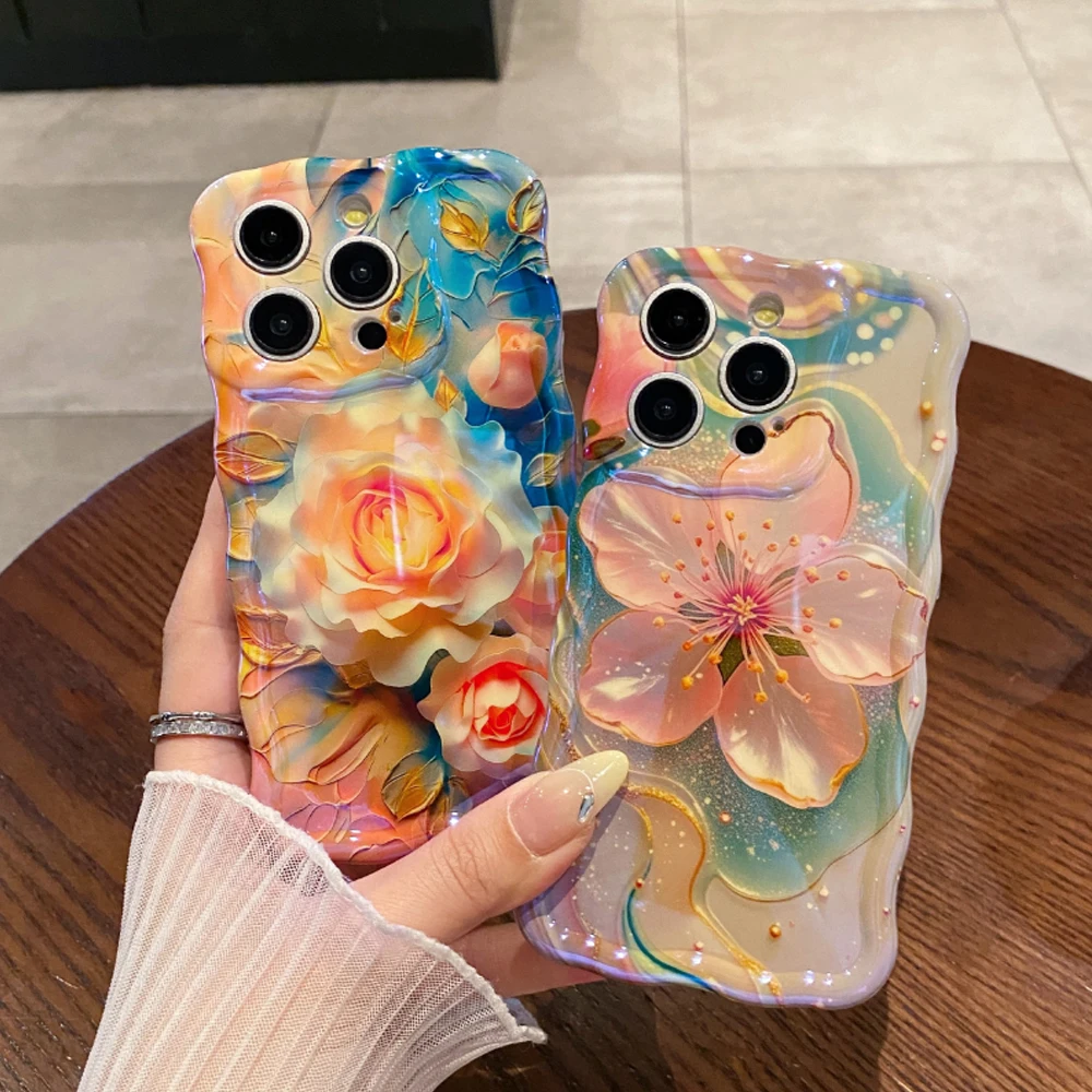 

Luxury Pink Laser Flowers Phone Case For iPhone 14 Plus 11 12 13 15 16 Pro Max Lens Protection Shockproof Bumper Soft Back Cover