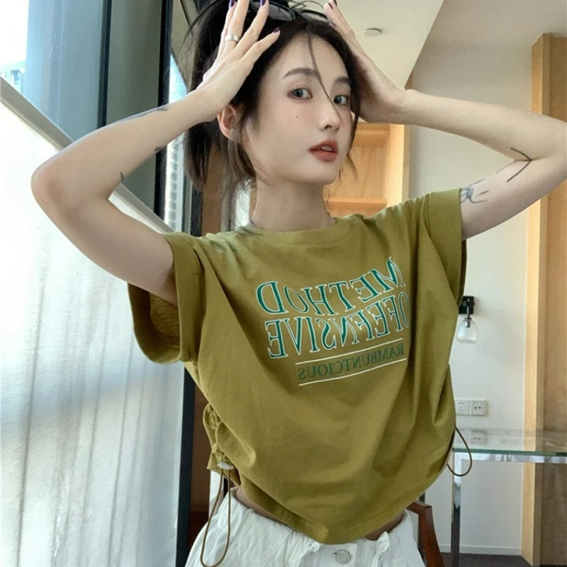 

2026 Summer New Fashion Loose Niche Crop Top American Hot Girl Style Shoulder-length Drawstring Short-sleeved T-shirt for Women