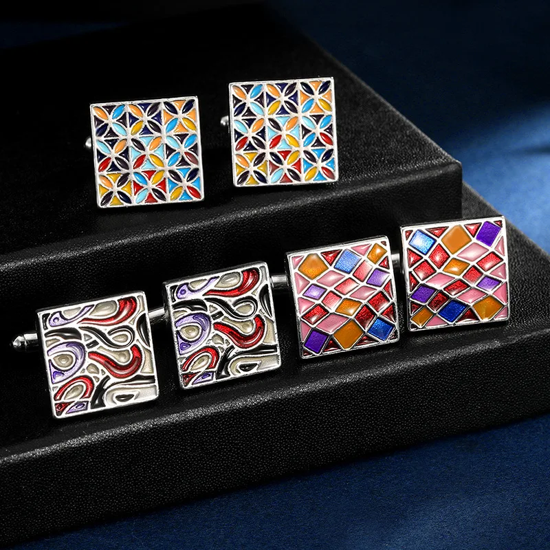 New Design Colorful Enameld Square Cufflinks Man Shirt Accessories Fashionable Plaid Painted Formal Suit Sleeve Nails Button