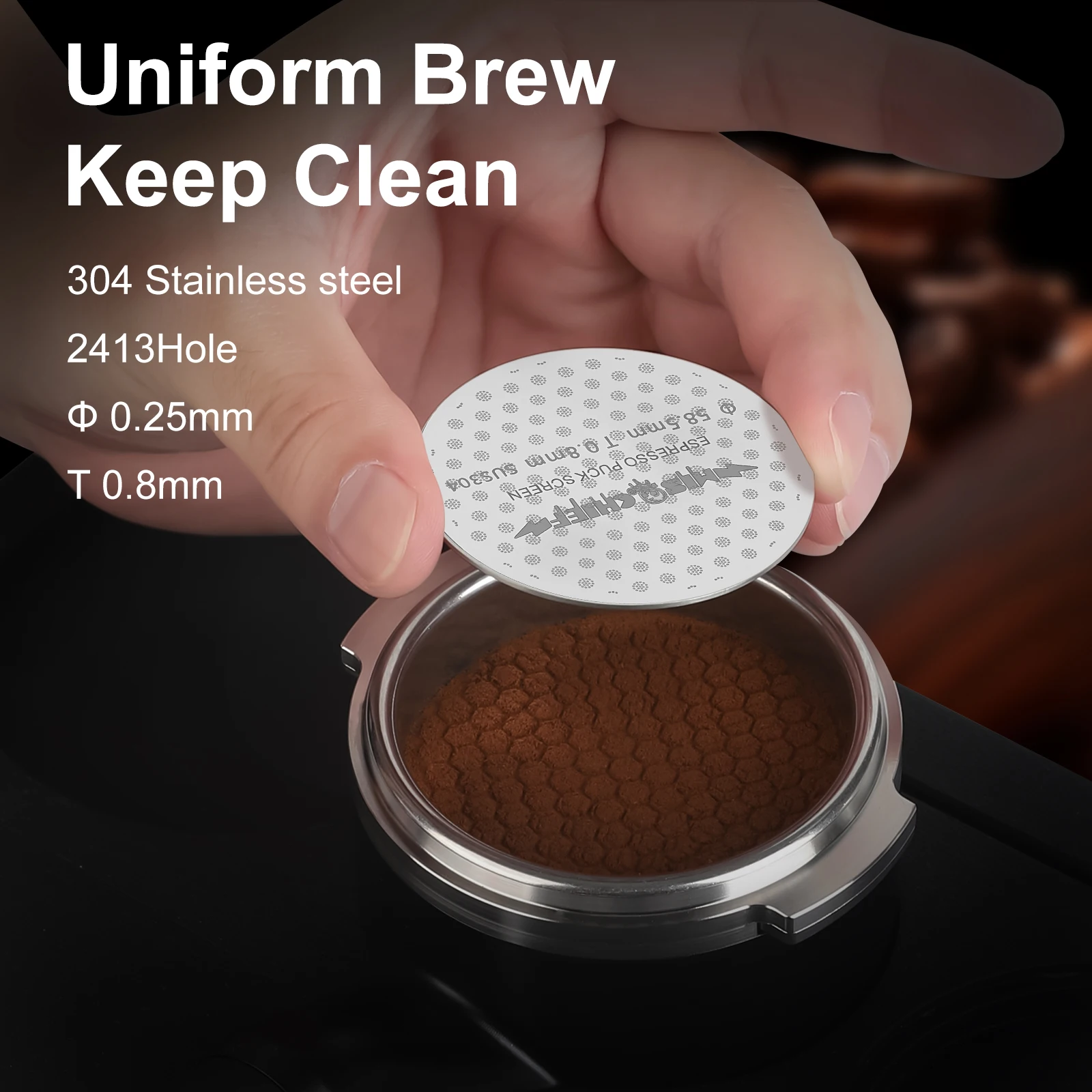 Pantalla de disco de café de taller de travesuras |   Filtro de acero inoxidable de 58,5 mm, herramienta de extracción uniforme