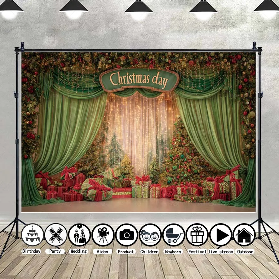 

MOON.QG Christmas Day Backdrop Gifts Xmas Trees Green Curtains Photo Background Party Shooting Props Studio Decoration Poster