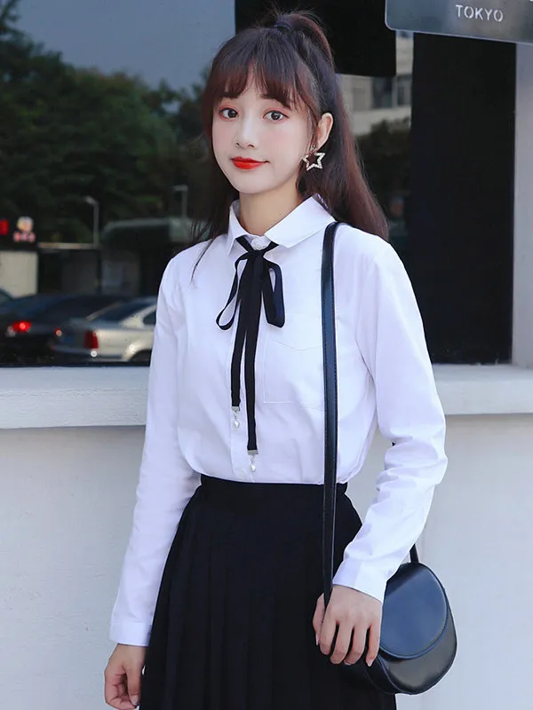 

White Long Sleeve Sharp Collar Formal Shirt Women's Base Layer College Style Graduation Top Fashionable Business Attire