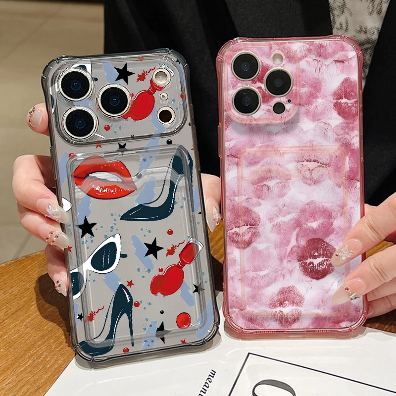 

Card Pocket Clear TPU Phone Case For iPhone 17e 17 Pro Max 16 15 14 13 Pro Max 16e 11 High Heels Lips Print Soft Silicone Cover