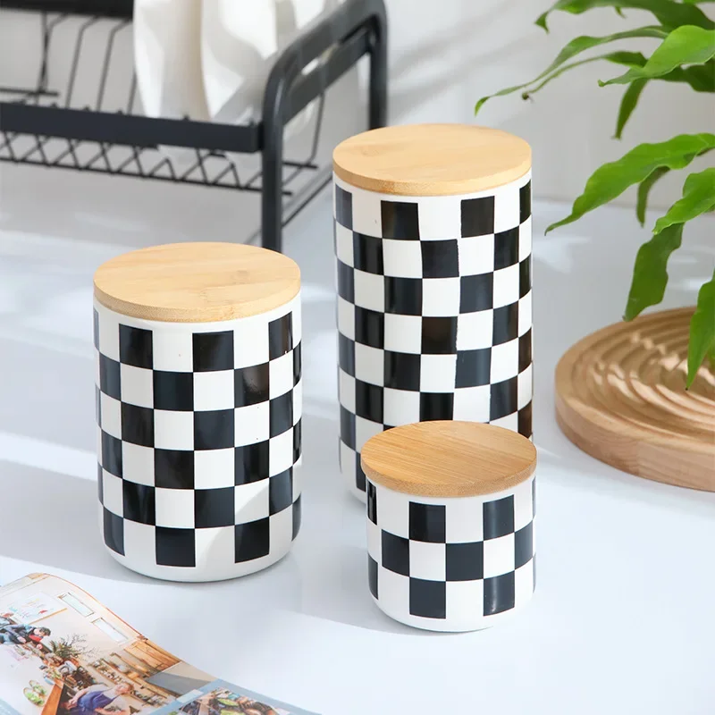 Nordic Ceramic Storage Pot Geometric Sealed Pot Black and White Chessboard Candy Pot Kitchen Storage Container Kitchen Supplies