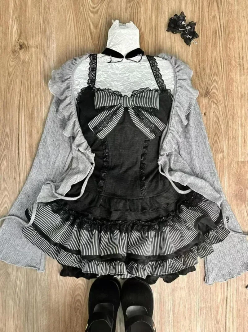 Sweet Lolita Lace Up Ruffles Cardigan Sexy Slim Fit Temperament Vest Tops Sweet Tiered Ruched Skirts Autumn Three Piece Sets