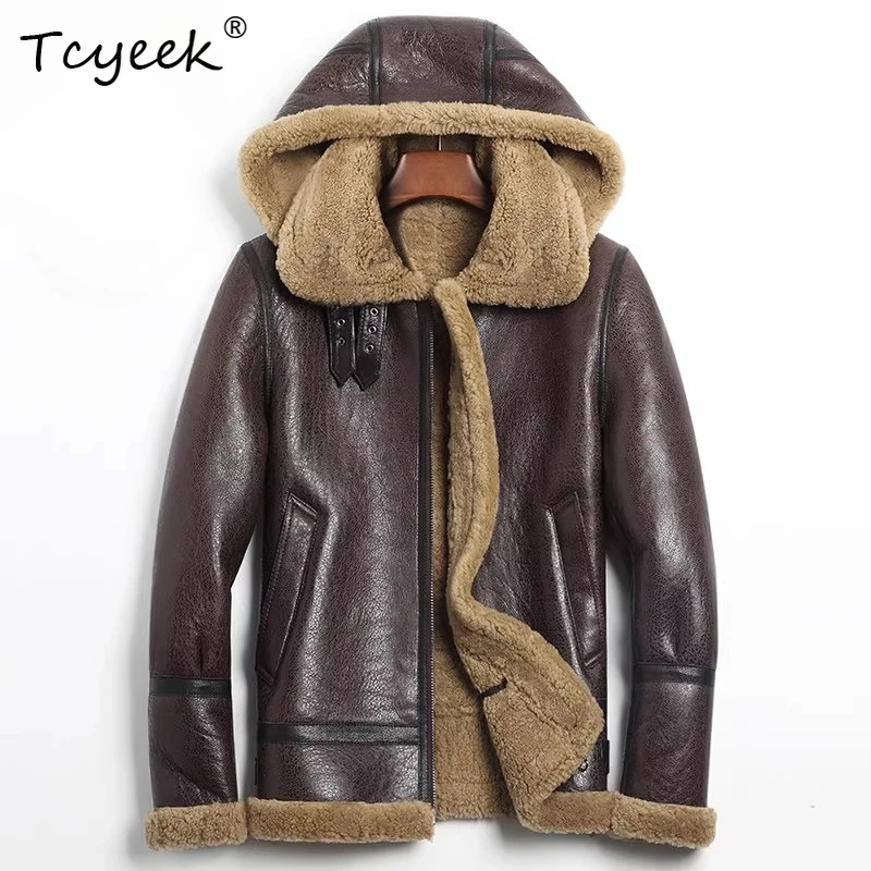 Tcyeek Natural Sheepskin Fur Coat Male Warm Real Leather Jacket Men Winter Clothes Lamb Wool Coats Hoodie 2025 Куртка Мужская