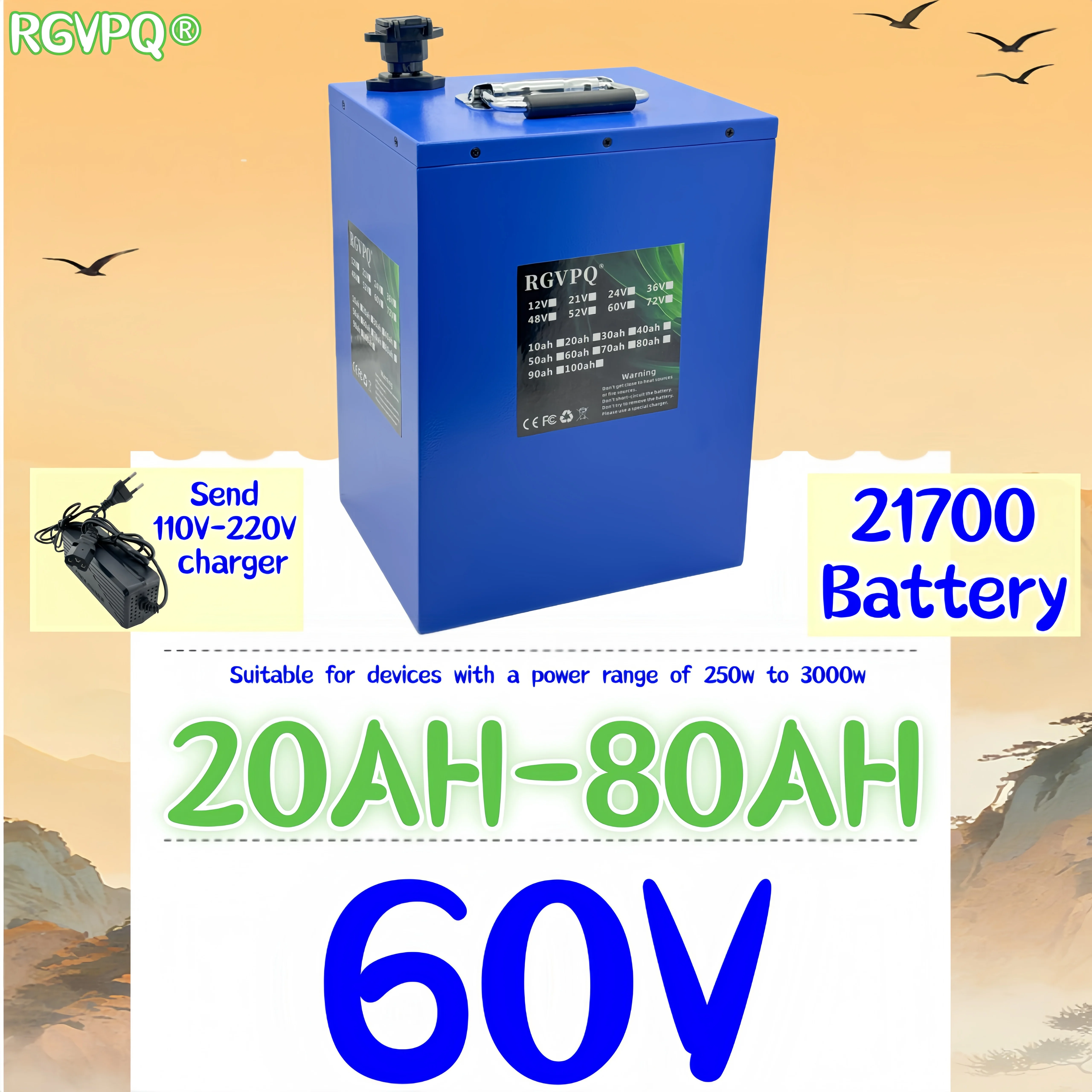

60V21700 lithium-ion battery, new high-capacity 20AH-80AH, air transportation, suitable for electric vehicles below 500W-3000W