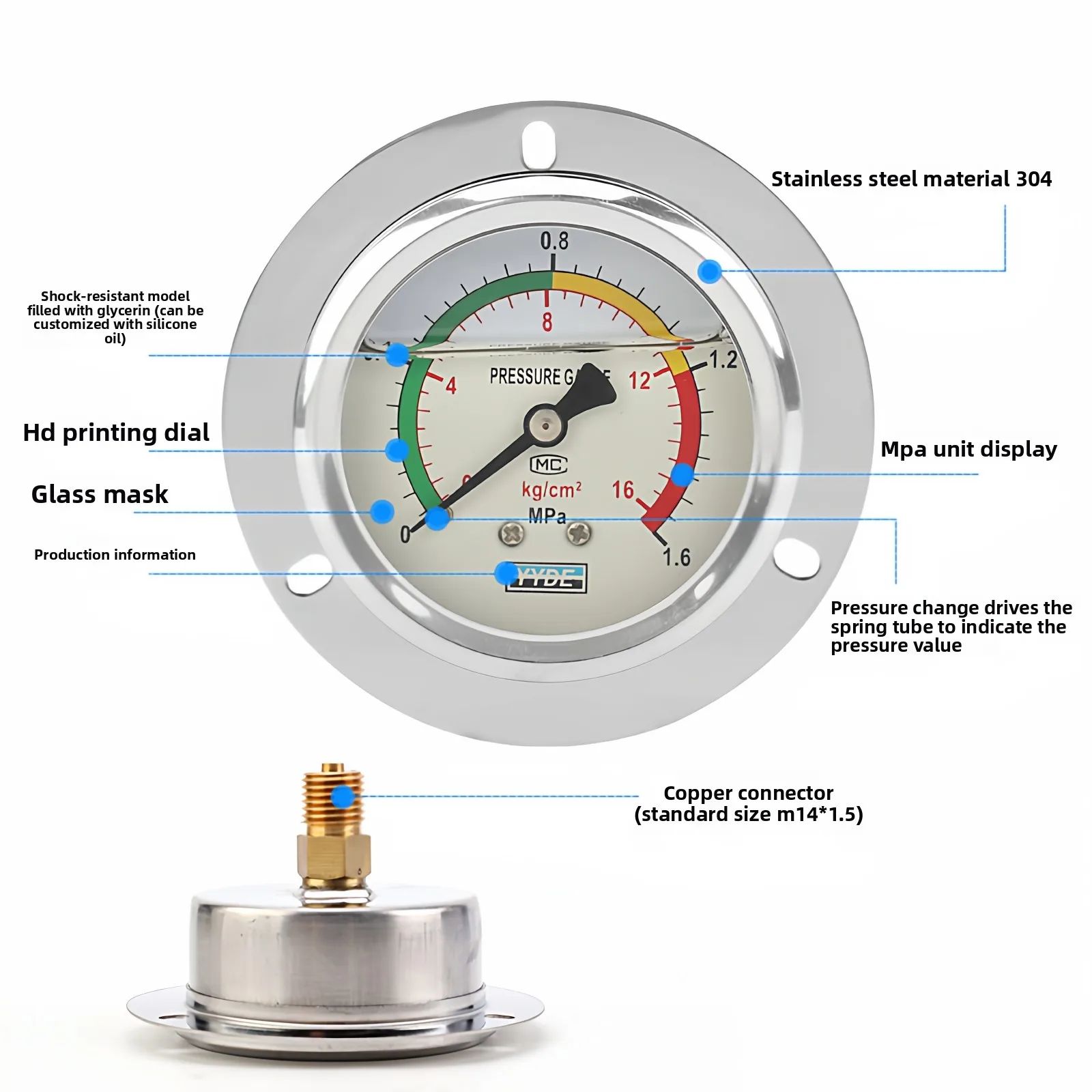 Axial Edge Shockproof Pressure Gauge YN60ZT/25/40mpa Hydraulic Oil Pressure Gauge Water Pressure Gauge