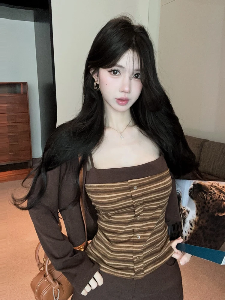 Retro Striped Color Block Slim Fit Long Sleeve Camisole Vest Set Fashionable Button up Casual Wear for Women in Autumn