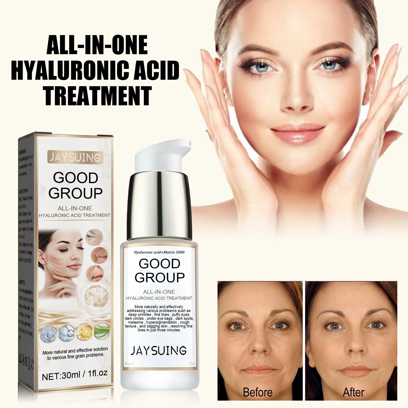 Jaysuing Hyaluronic acid facial essence can lighten eye bags and dark circles, improve fine lines, tighten and moisturize skin