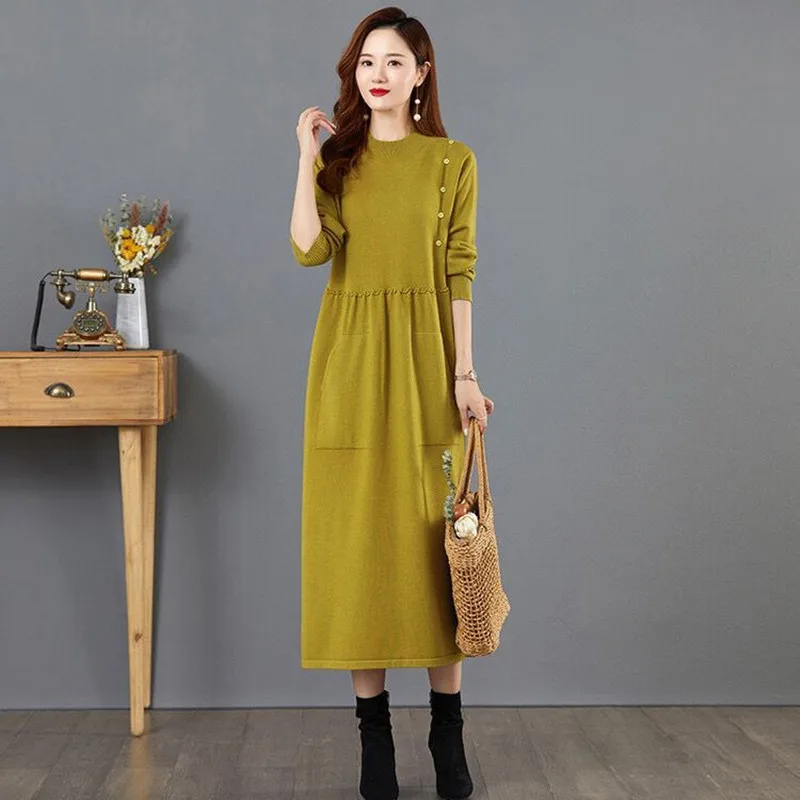 

Women's Vintage Half High Collar Pullover Dress, Knitted Sweater Dresses, Oversize, Monochromatic, Pockets, Autumn,Winter,Female