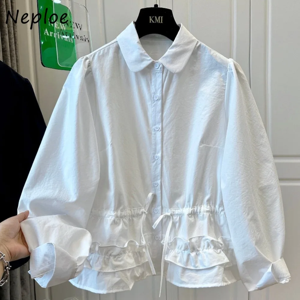 

Neploe Unique Casual Elegant French Shirt Peter Pan Fungus Flower Drawstring Lace Up Blouses Women Fresh Sweet All-match Blusas