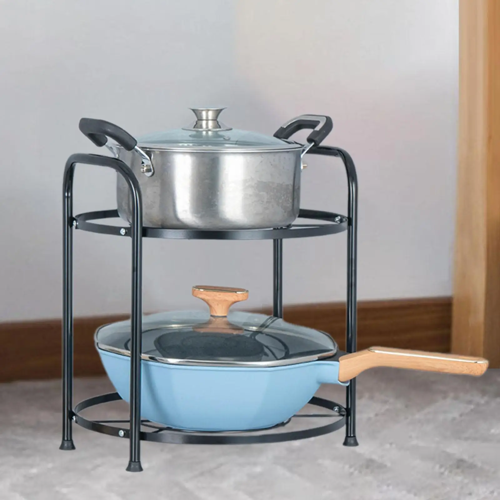 Pots and Pans Organizer Pot Pan Rack Multi Tier Round Space Saving for under Cabinet for Kitchen Organization and Storage