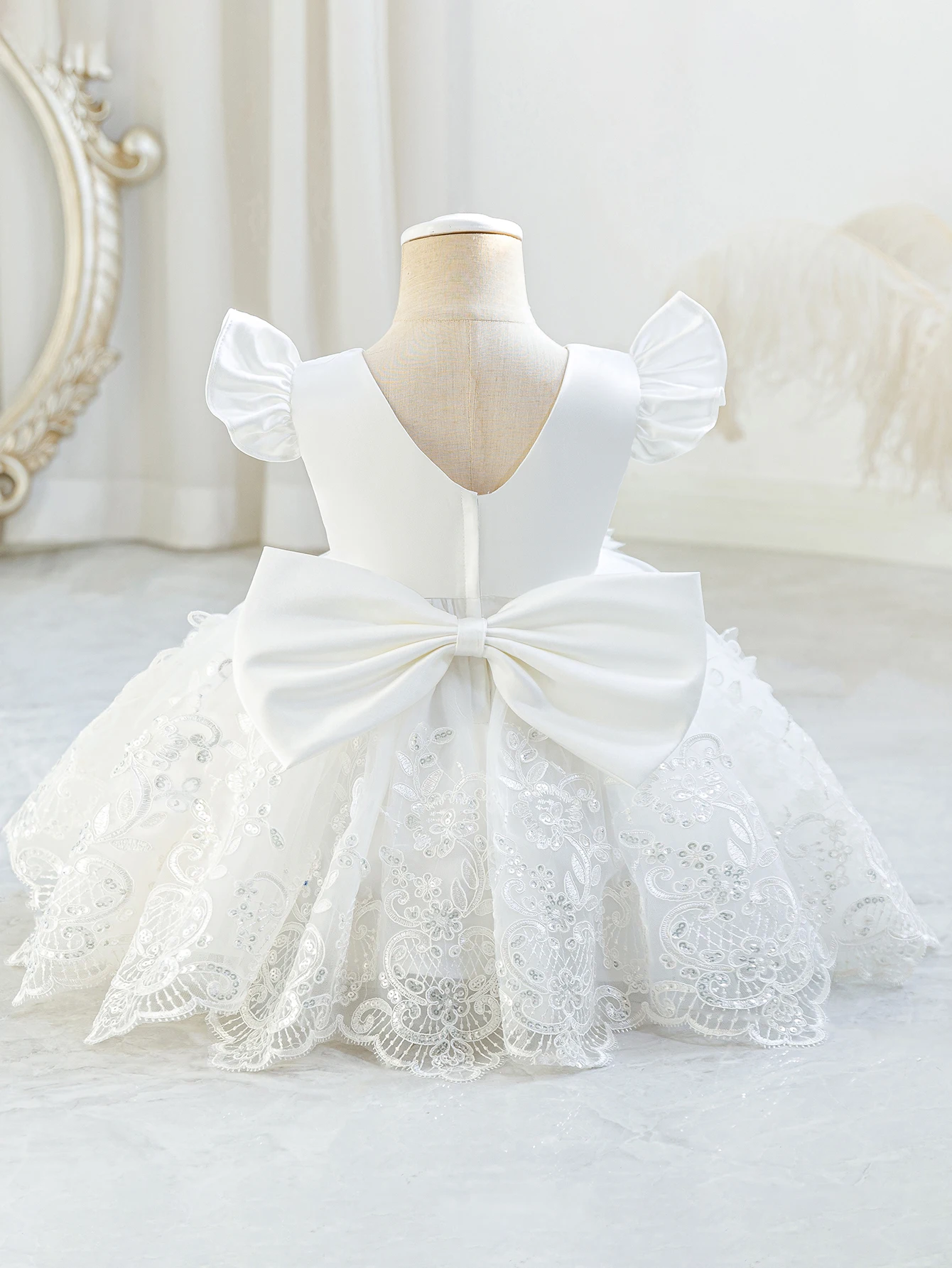 Cute Baby Girl Simple Woven Solid White Round Neck Sleeveless Back Detachable 3D Bow Dress Birthday Party,Performances,Baptisms