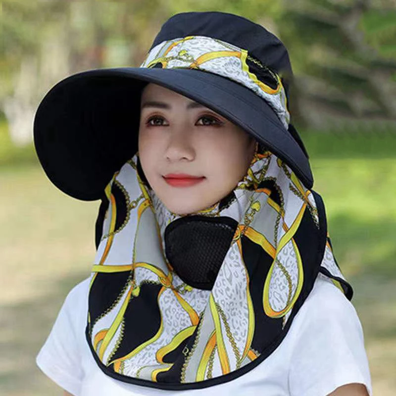 Women\'s Sun Hat Version of Anti-uv Electric Car Big Top Chain Printed Hat Can Be Disassembled Hat Wholesale Sun Protective