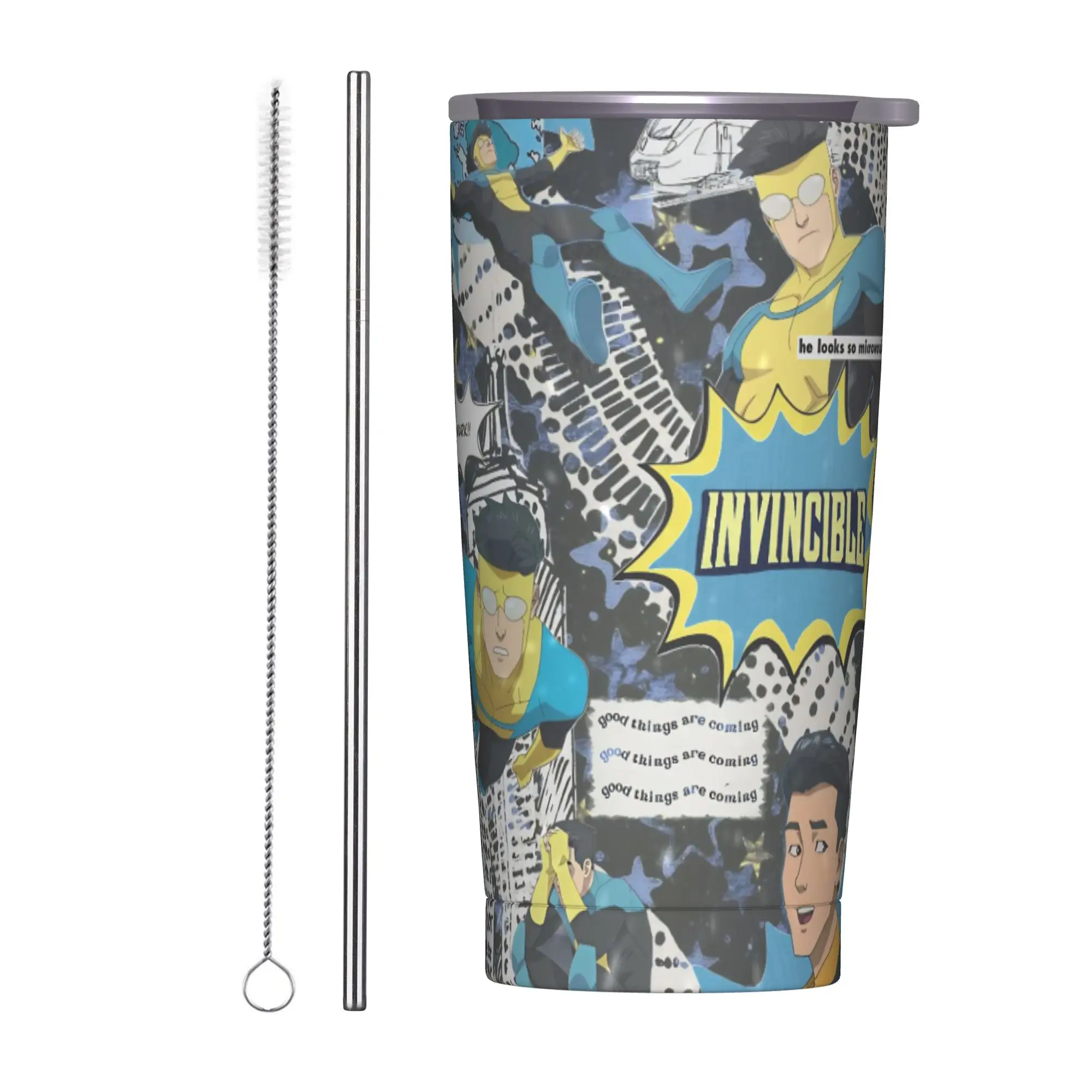 Invincibles Comic Insulated Tumbler with Straws Lid  Stainless Steel Coffee Mugs Double Wall Hot Cold Drinks Cups 20oz