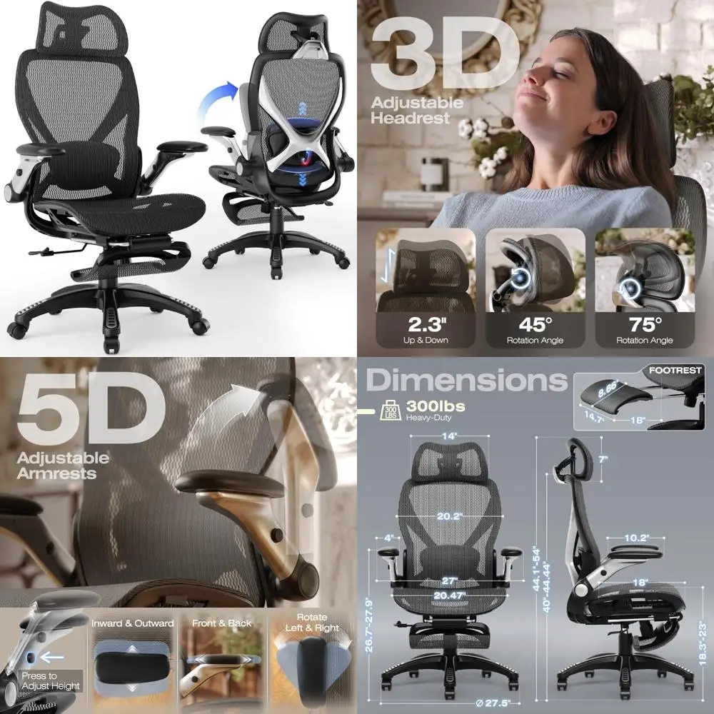

Ergonomic Office Chair with Footrest, Adjustable Lumbar Support for Big and Tall, Flip-Up Arms Desk Chair
